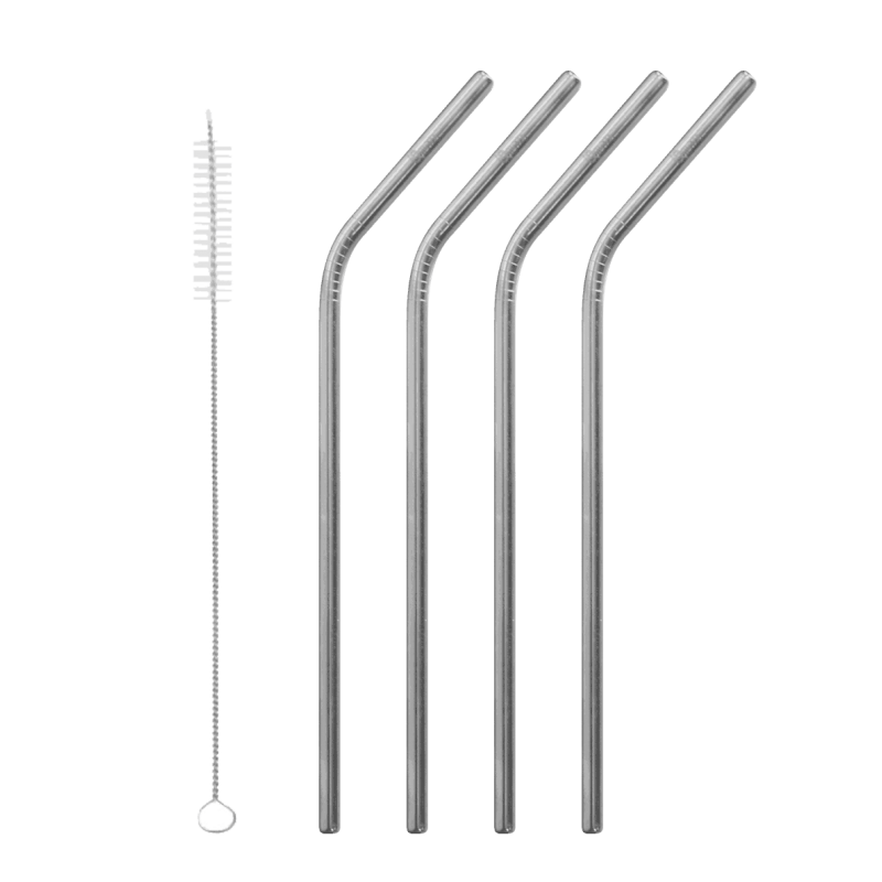 4 Pailles Inox Courbées + Goupillon