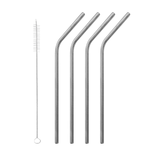 4 Pailles Inox Courbées + Goupillon